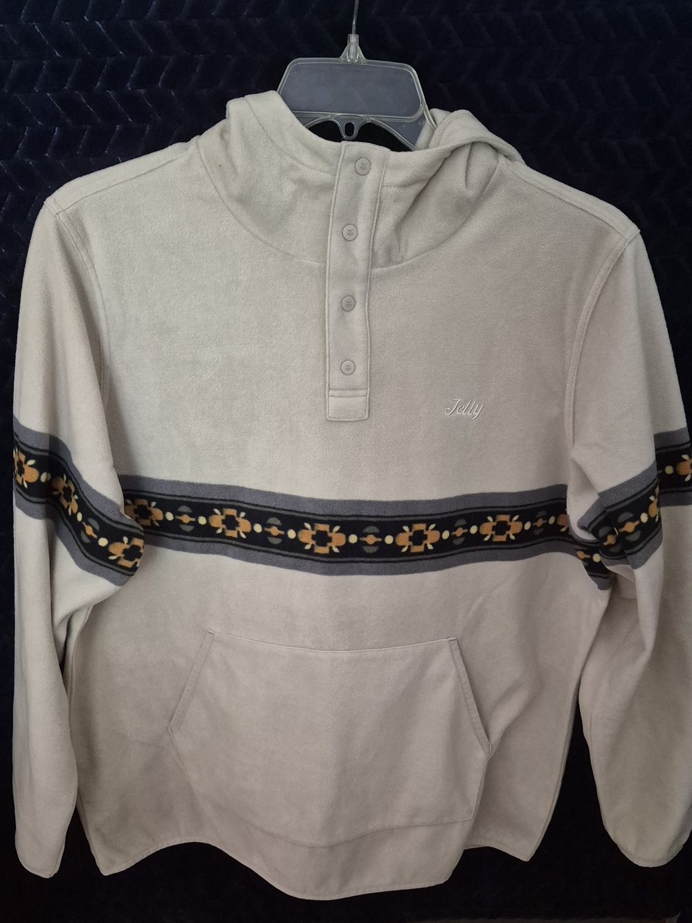 Beige Hooded Pullover with Patterned Stripe